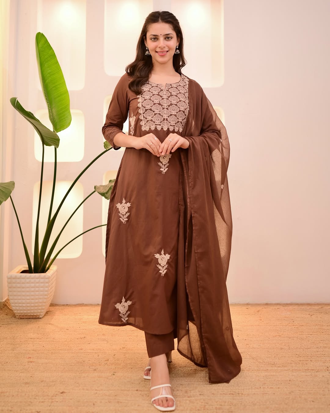 Elegant Rust Orange Mul Cotton Embroidery Suit Set