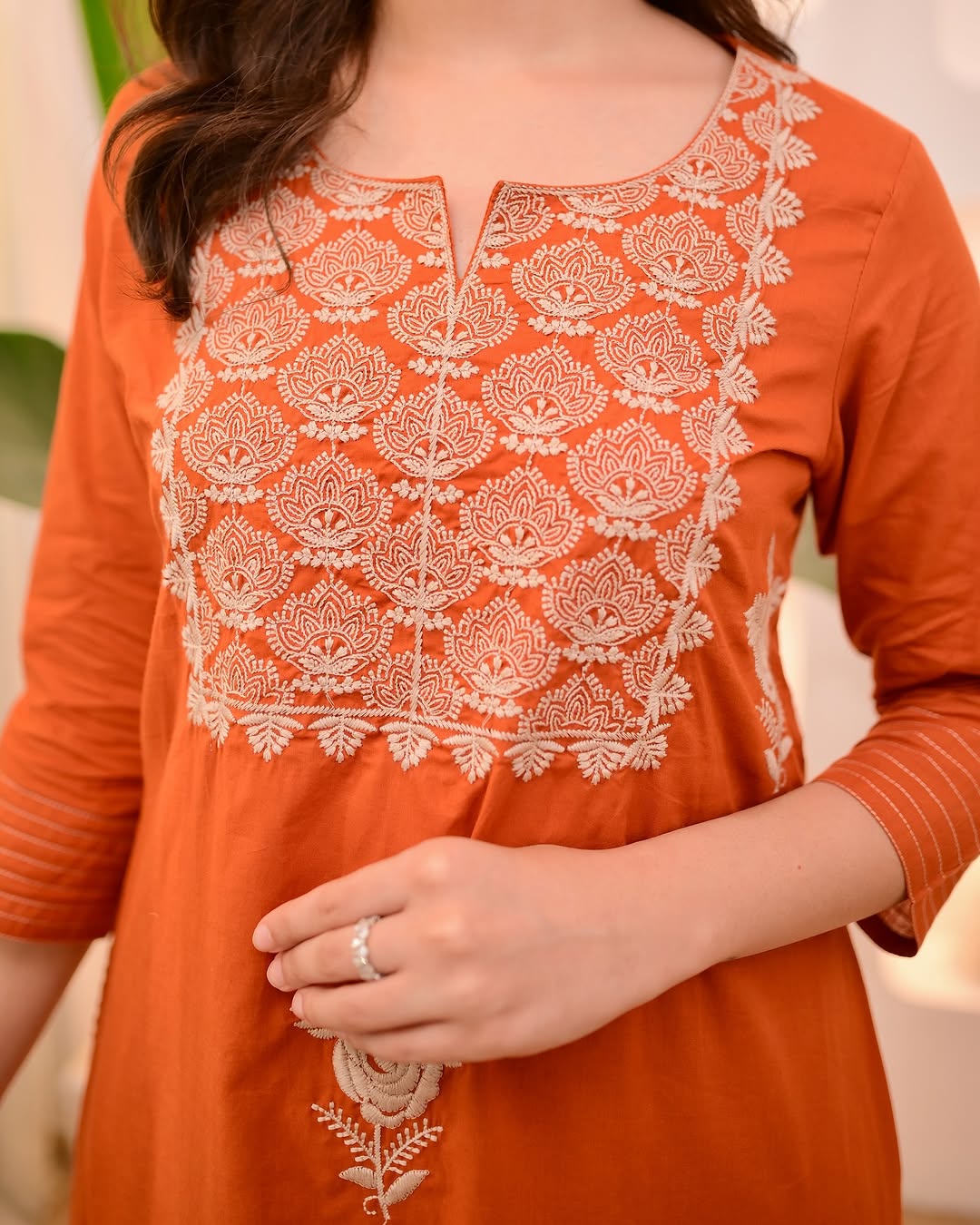 Elegant Rust Orange Mul Cotton Embroidery Suit Set