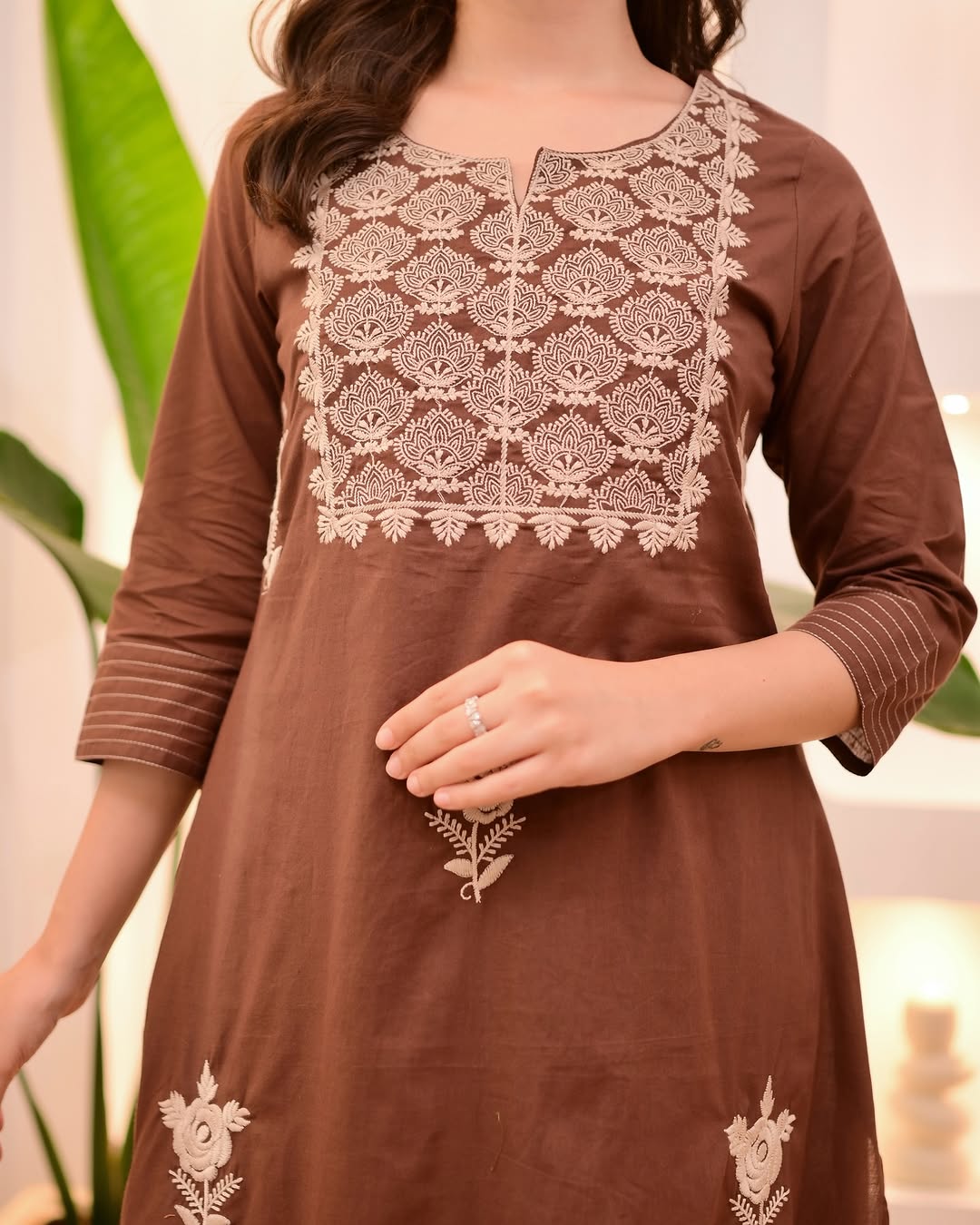 Elegant Rust Orange Mul Cotton Embroidery Suit Set