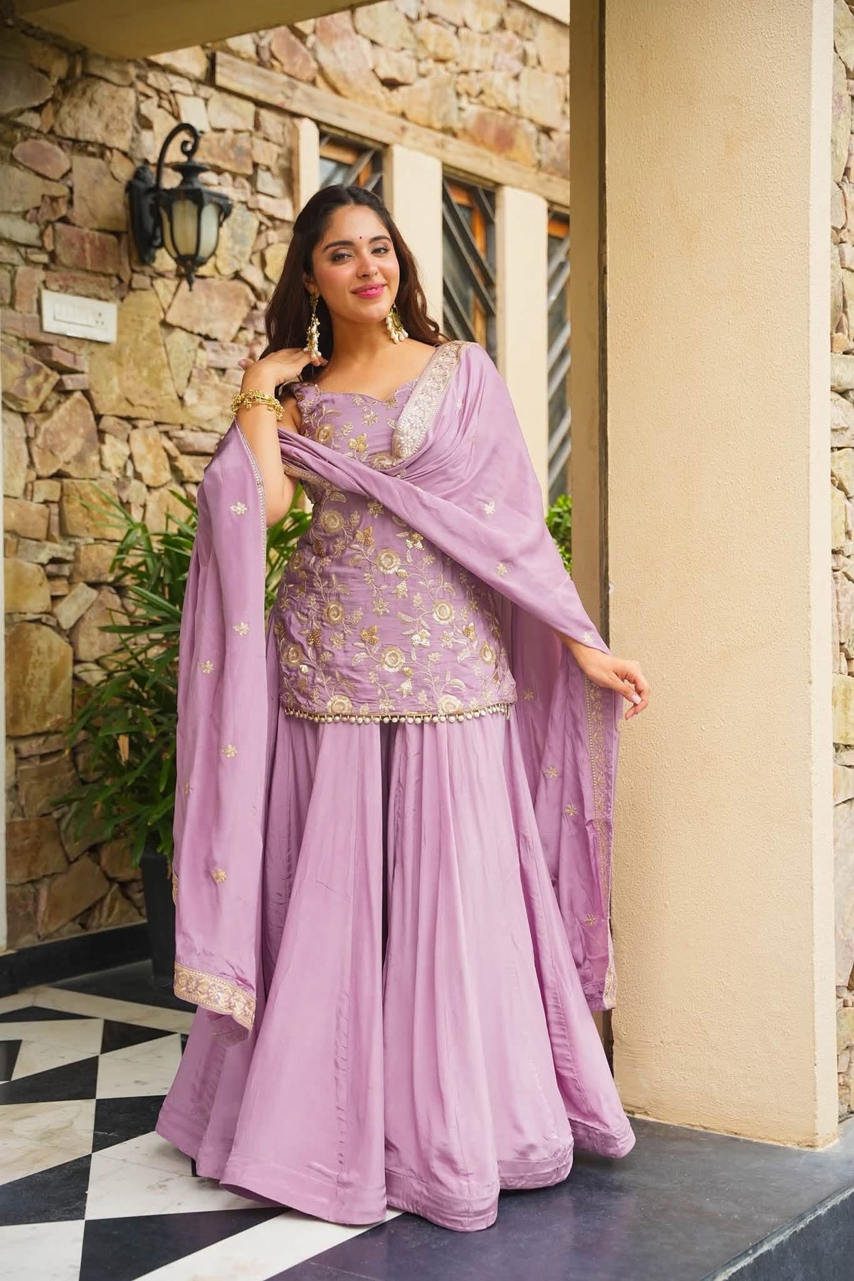 Tara Peach Heavy Floral Embroidered Suit Set