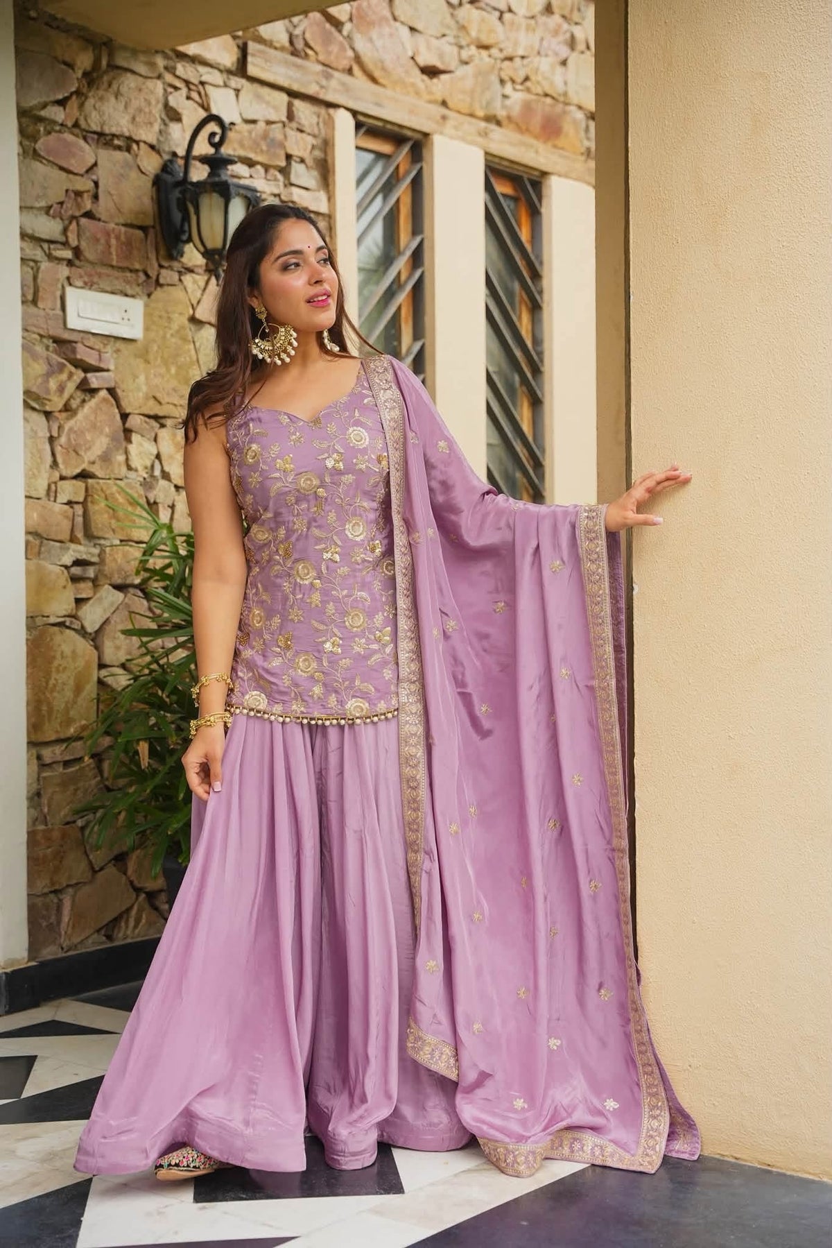 Tara Peach Heavy Floral Embroidered Suit Set