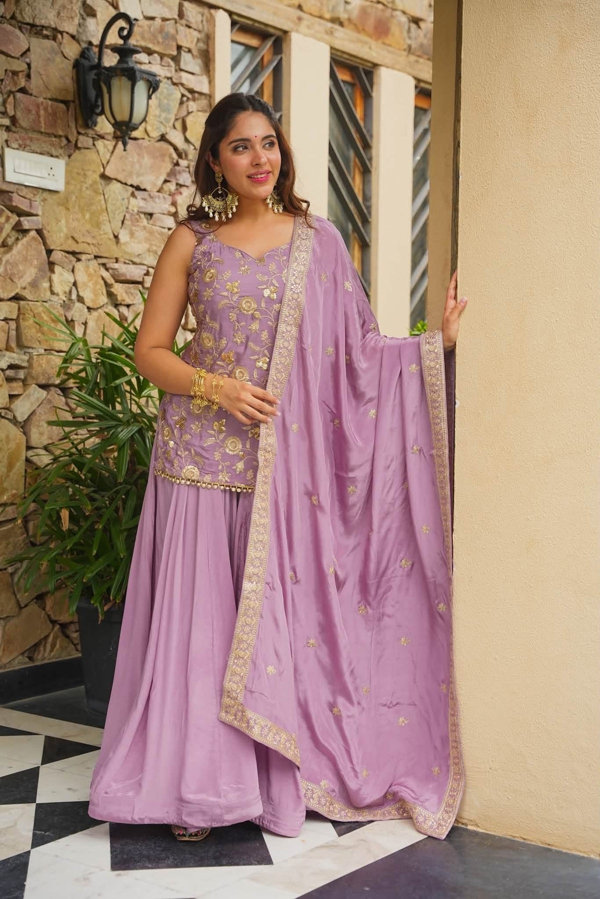Tara Peach Heavy Floral Embroidered Suit Set
