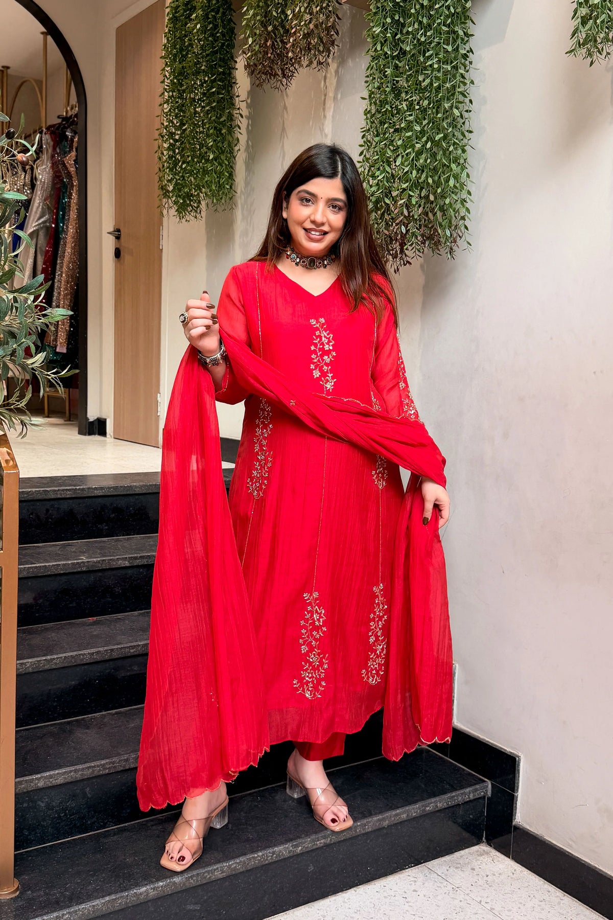 Elegant Ruby Red Embroidered Kurta Set with Dupatta