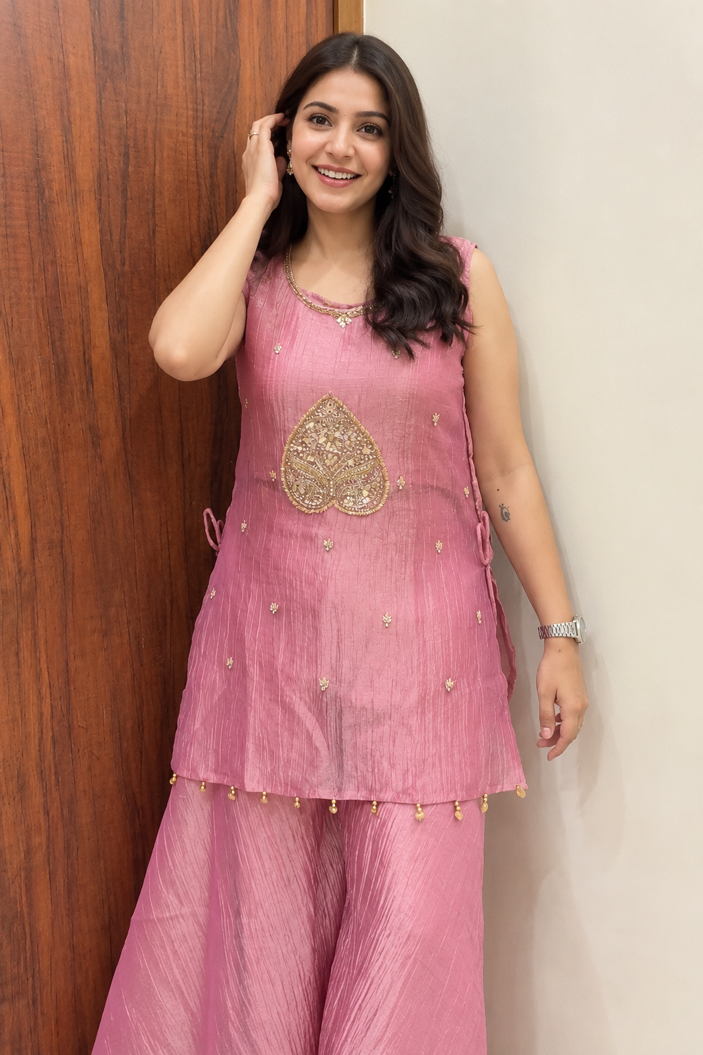 Blush Rose Pink Embroidered Kurta Palazzo Set
