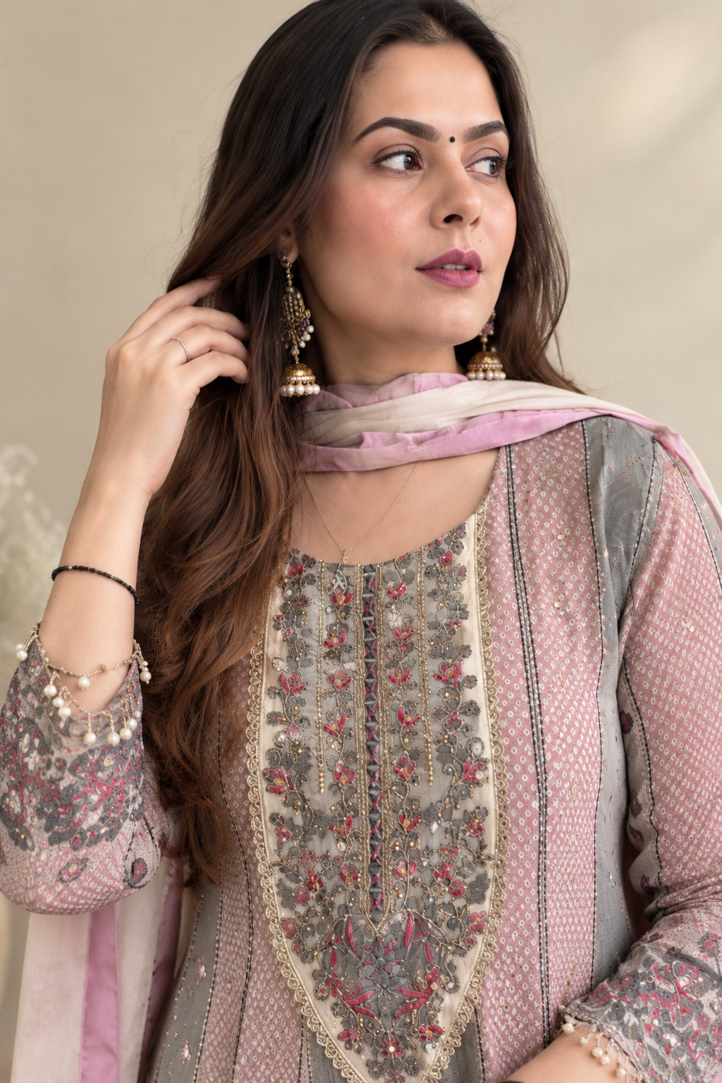 Elegant Pastel Pink Grey Floral Embroidered Anarkali Suit Set