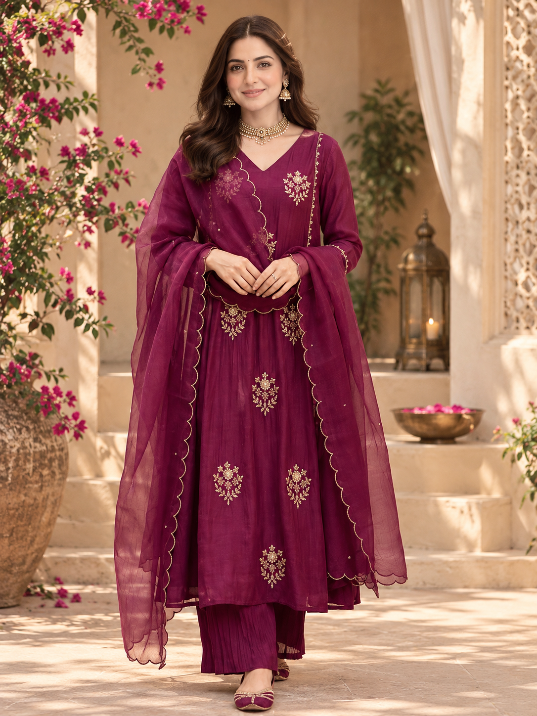 Graceful Plum Anarkali Kurta Set with Designer Dupatta