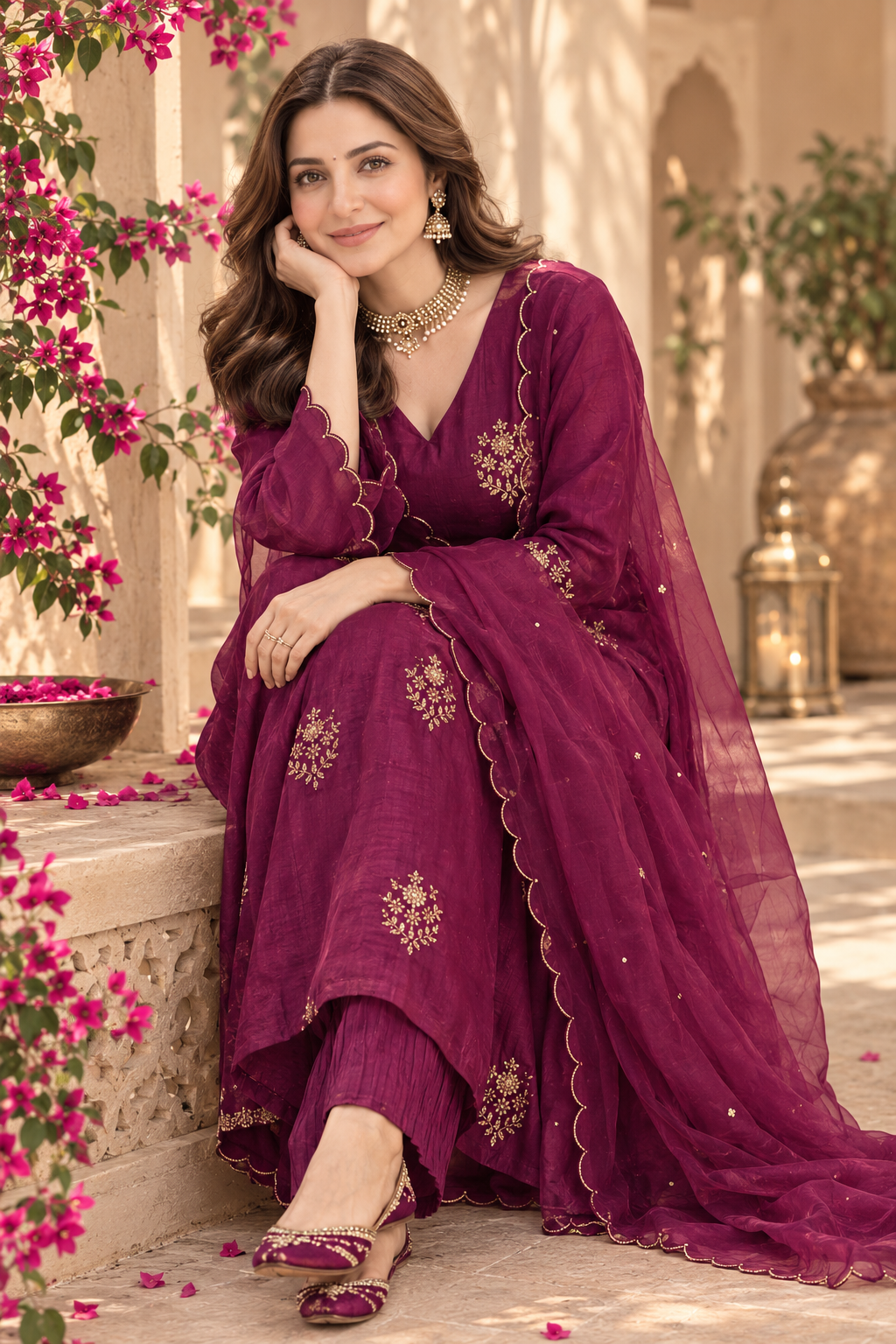 Graceful Plum Anarkali Kurta Set with Designer Dupatta