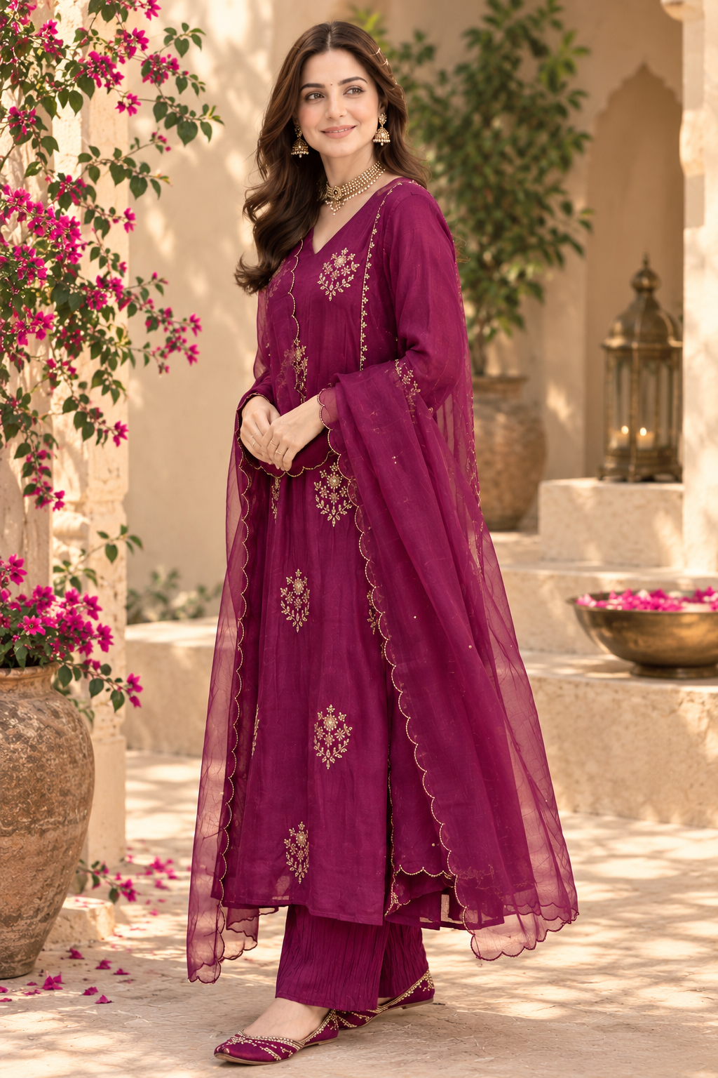 Graceful Plum Anarkali Kurta Set with Designer Dupatta