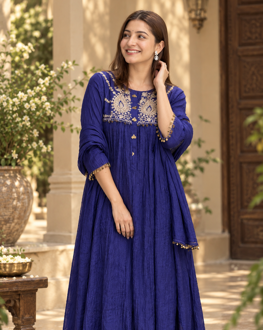 Royal Blue Embroidered Anarkali Suit Set with Dupatta