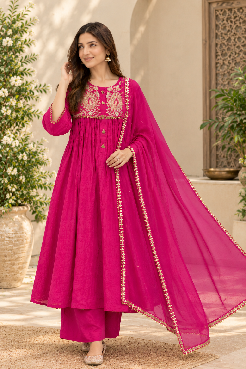 Pink Embroidered Anarkali Suit Set with Dupatta