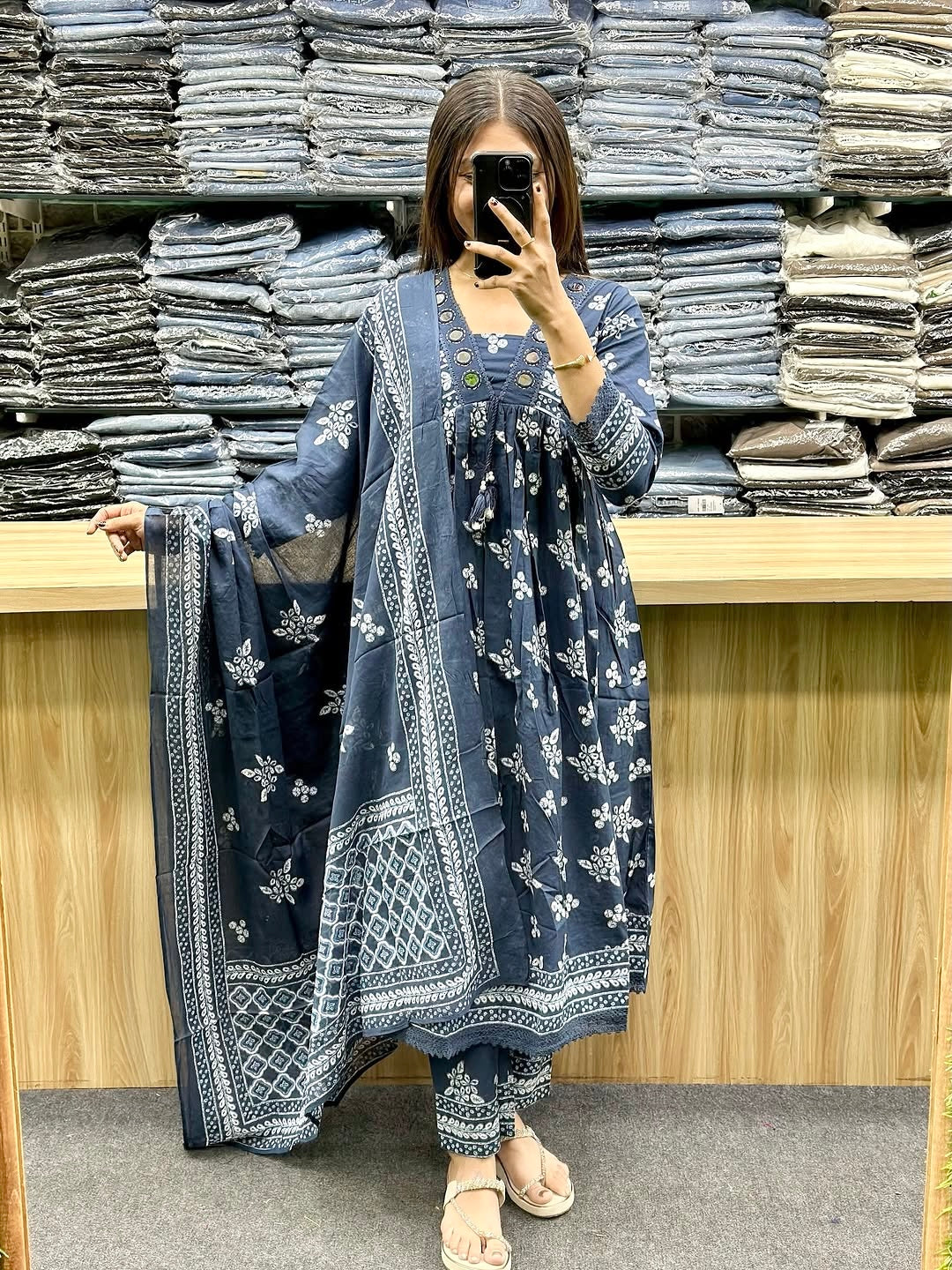 Very Beautiful Pure Mul Cotton Mirror Work Suit Set