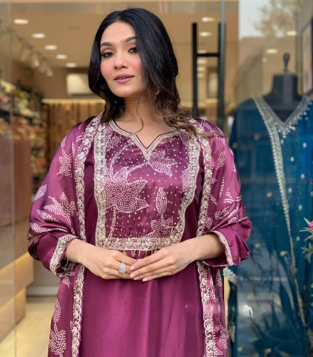 Radiant Wine Viscose Chanderi Embroidary Suit Set