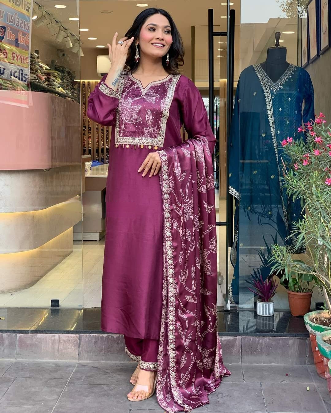 Radiant Wine Viscose Chanderi Embroidary Suit Set