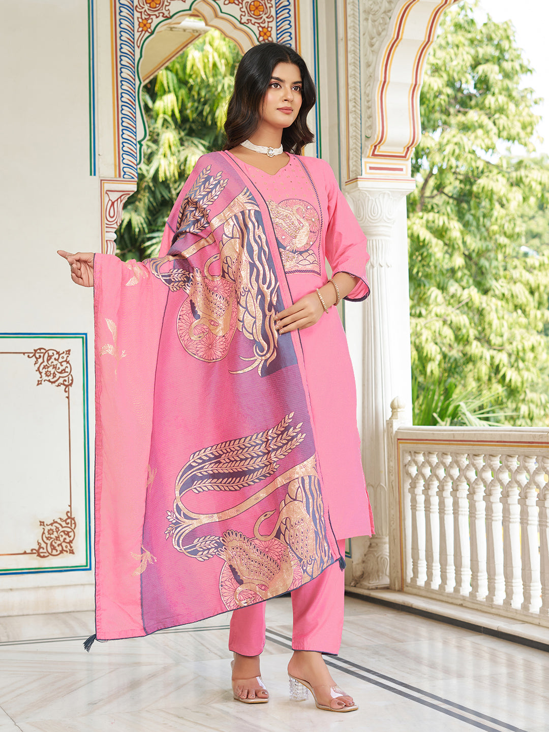 Snazzy Pink Viscose Chanderi Suit Set Inspired By Ritu Kumar