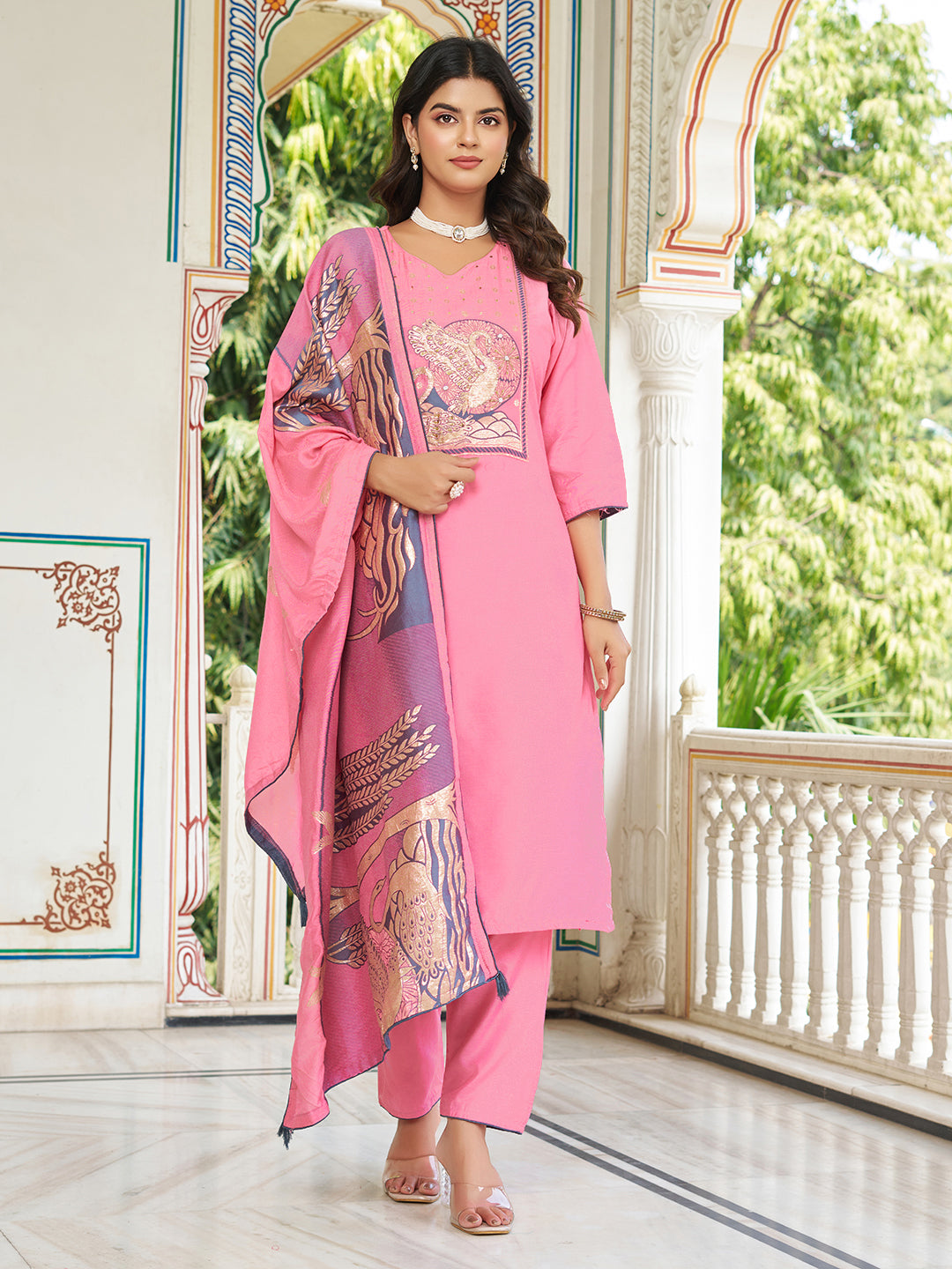 Snazzy Pink Viscose Chanderi Suit Set Inspired By Ritu Kumar