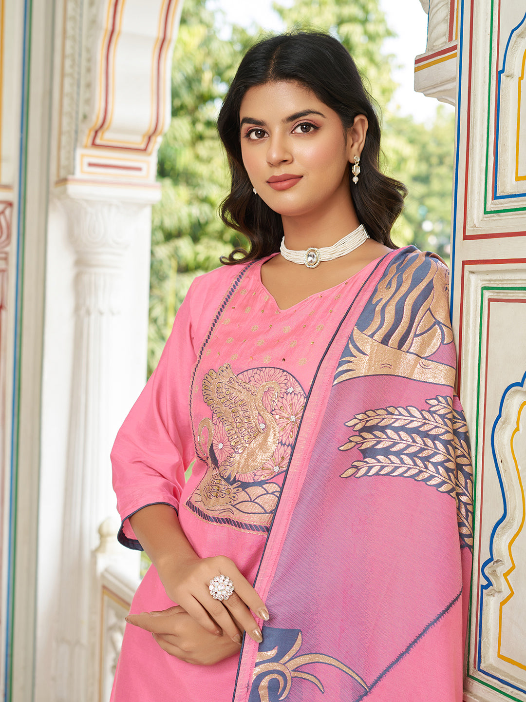 Snazzy Pink Viscose Chanderi Suit Set Inspired By Ritu Kumar