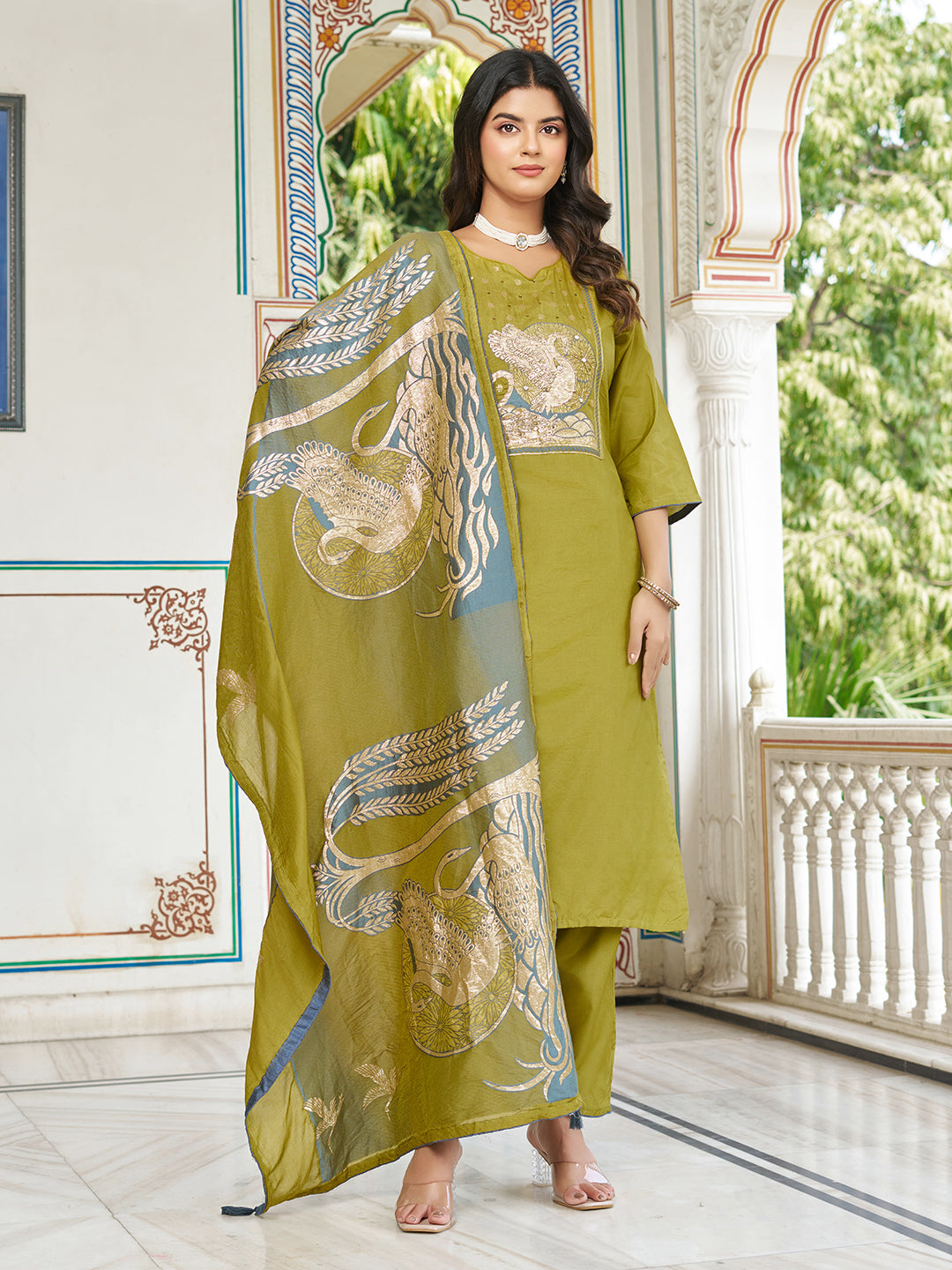 Snazzy Green Viscose Chanderi Suit Set Inspired By Ritu Kumar