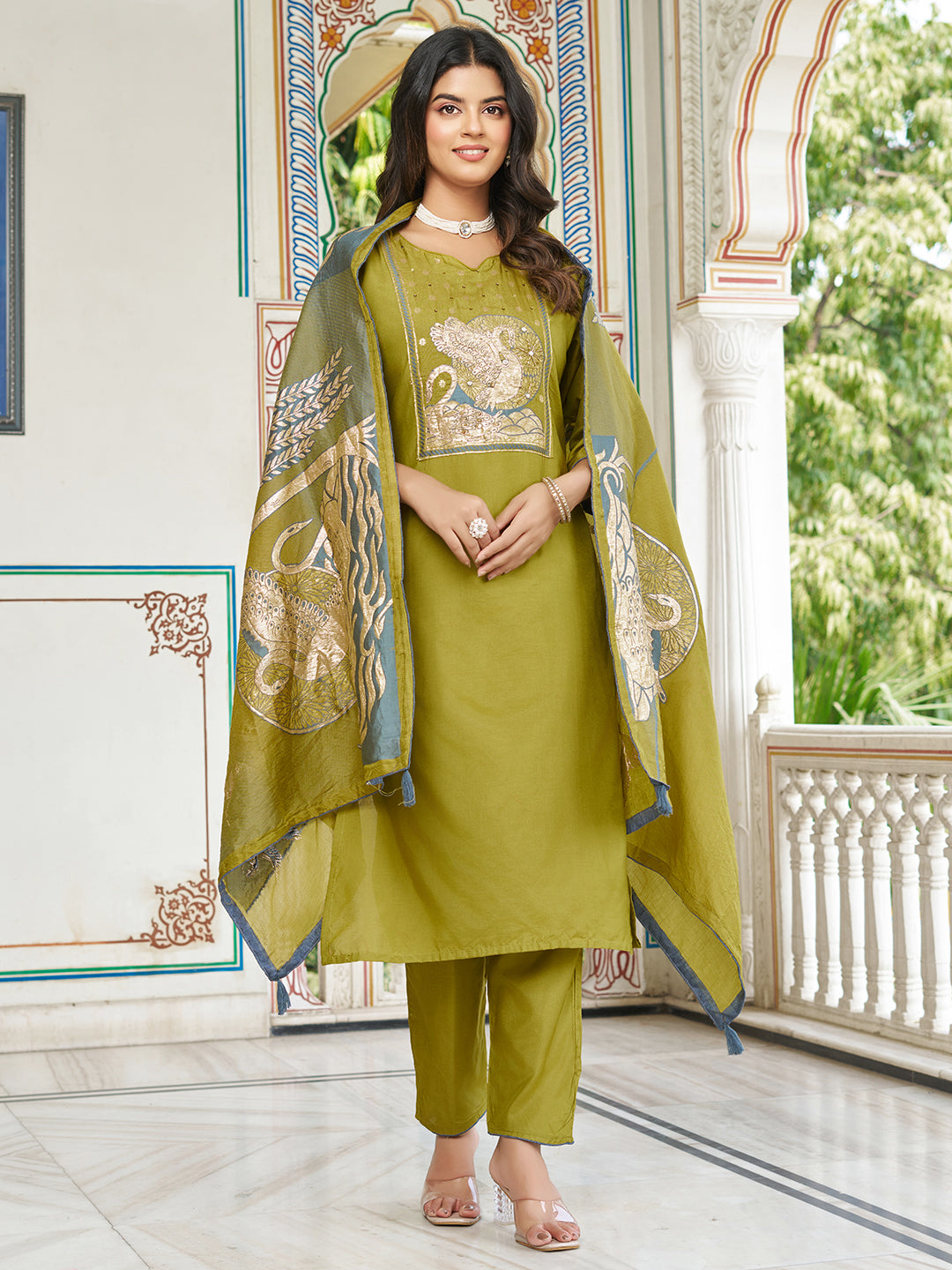 Snazzy Green Viscose Chanderi Suit Set Inspired By Ritu Kumar