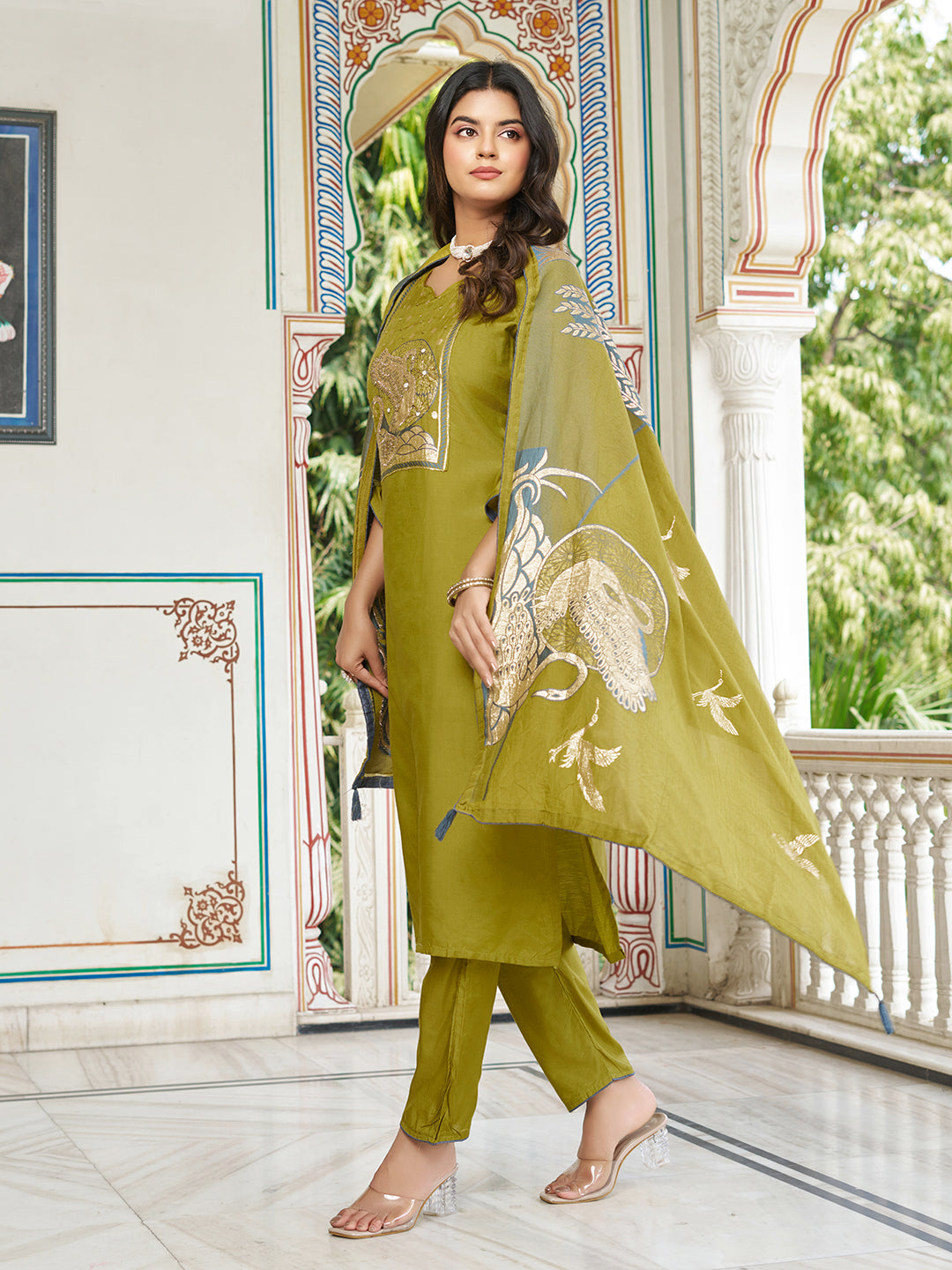 Snazzy Green Viscose Chanderi Suit Set Inspired By Ritu Kumar