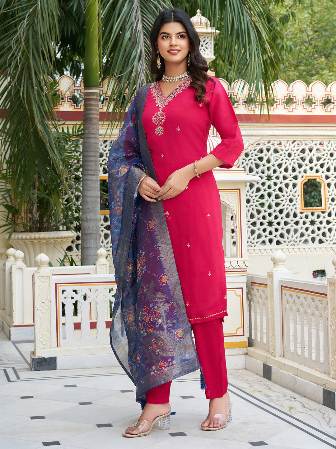 Incomparable Pink Beautiful Viscose Chanderi Suit Set