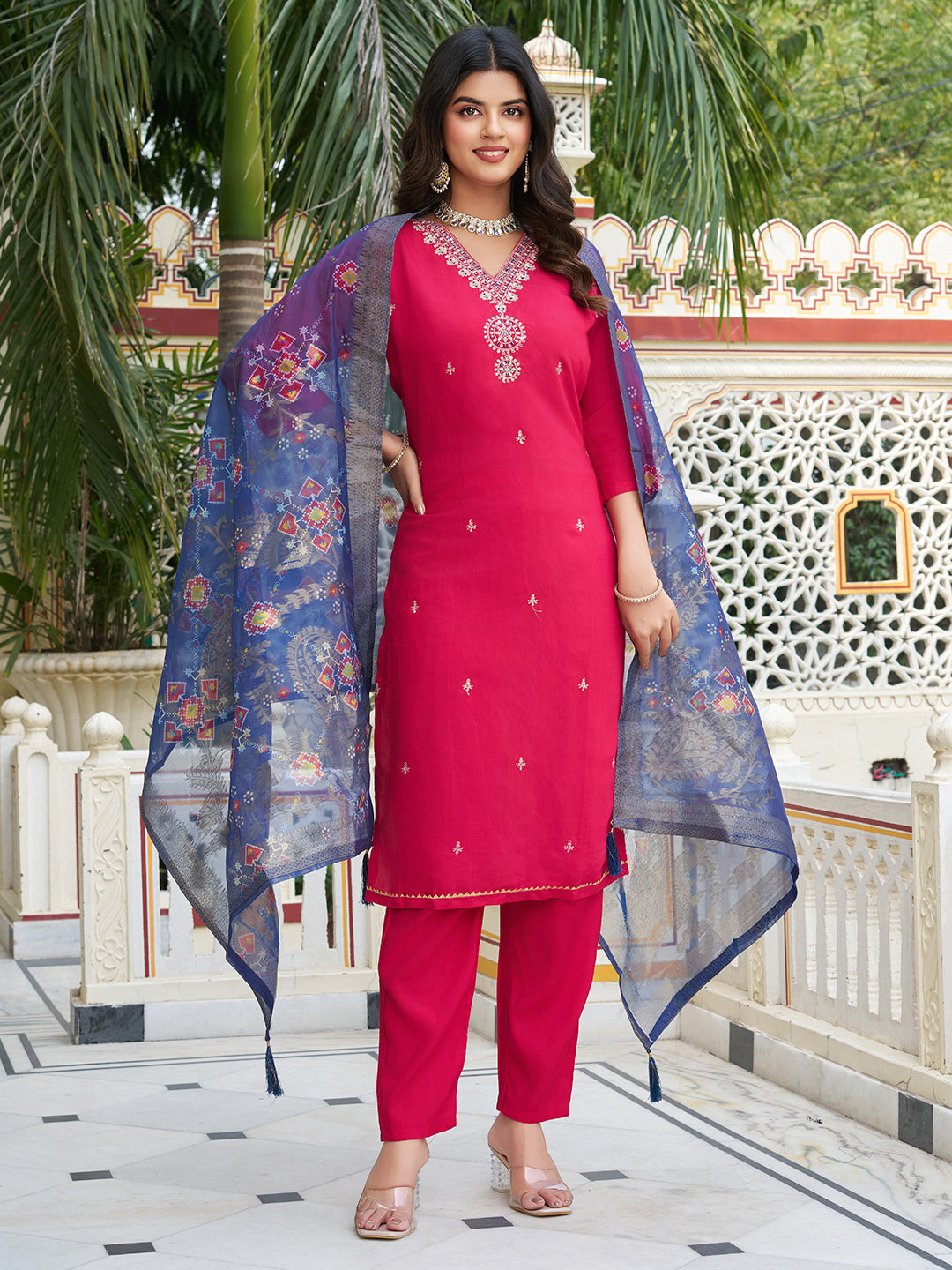 Incomparable Pink Beautiful Viscose Chanderi Suit Set