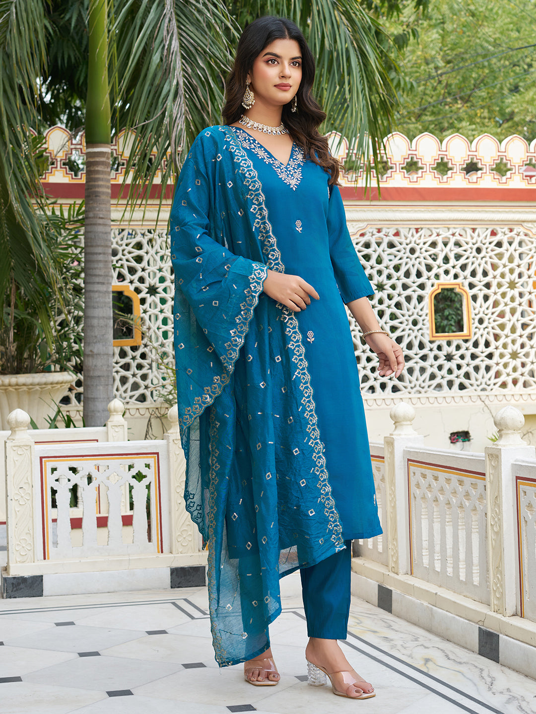 Beautiful Petrol Blue Viscose Chanderi Silk Kurta Set