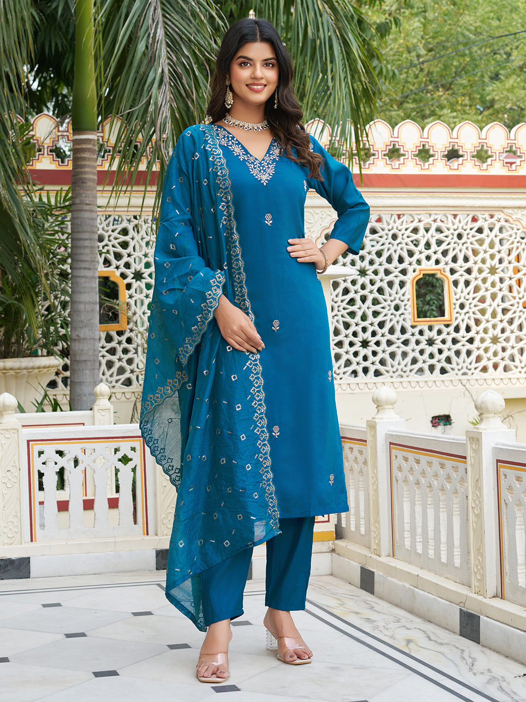 Beautiful Petrol Blue Viscose Chanderi Silk Kurta Set