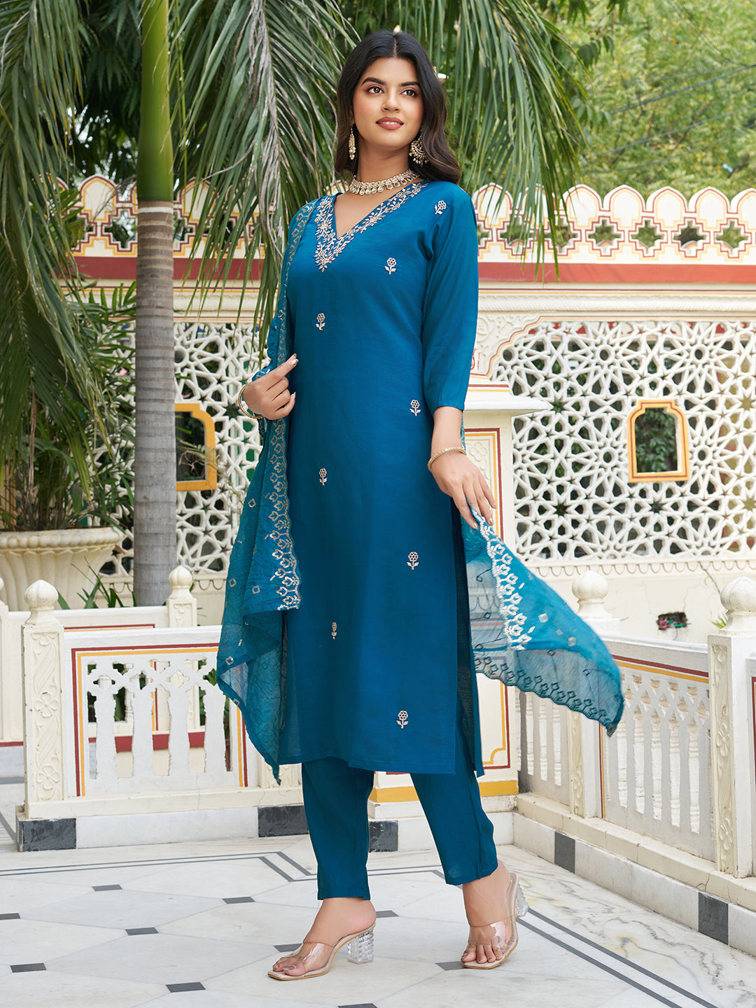 Beautiful Petrol Blue Viscose Chanderi Silk Kurta Set