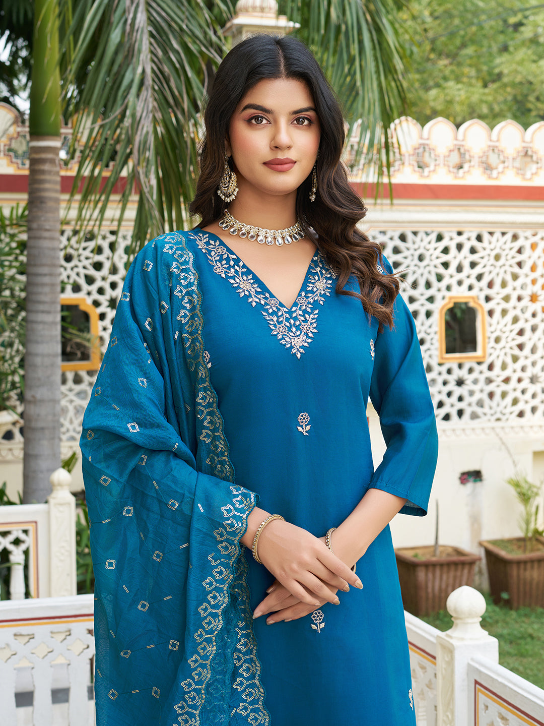 Beautiful Petrol Blue Viscose Chanderi Silk Kurta Set