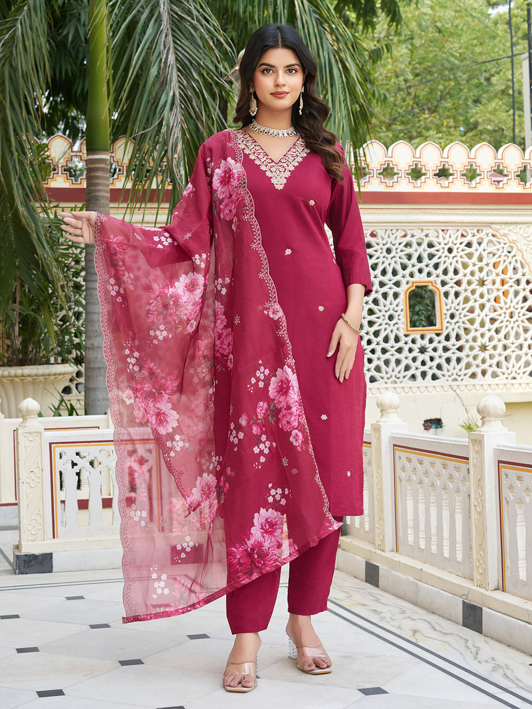 Exuberant Red Beautiful Chanderi Silk Embroidary Suit Set