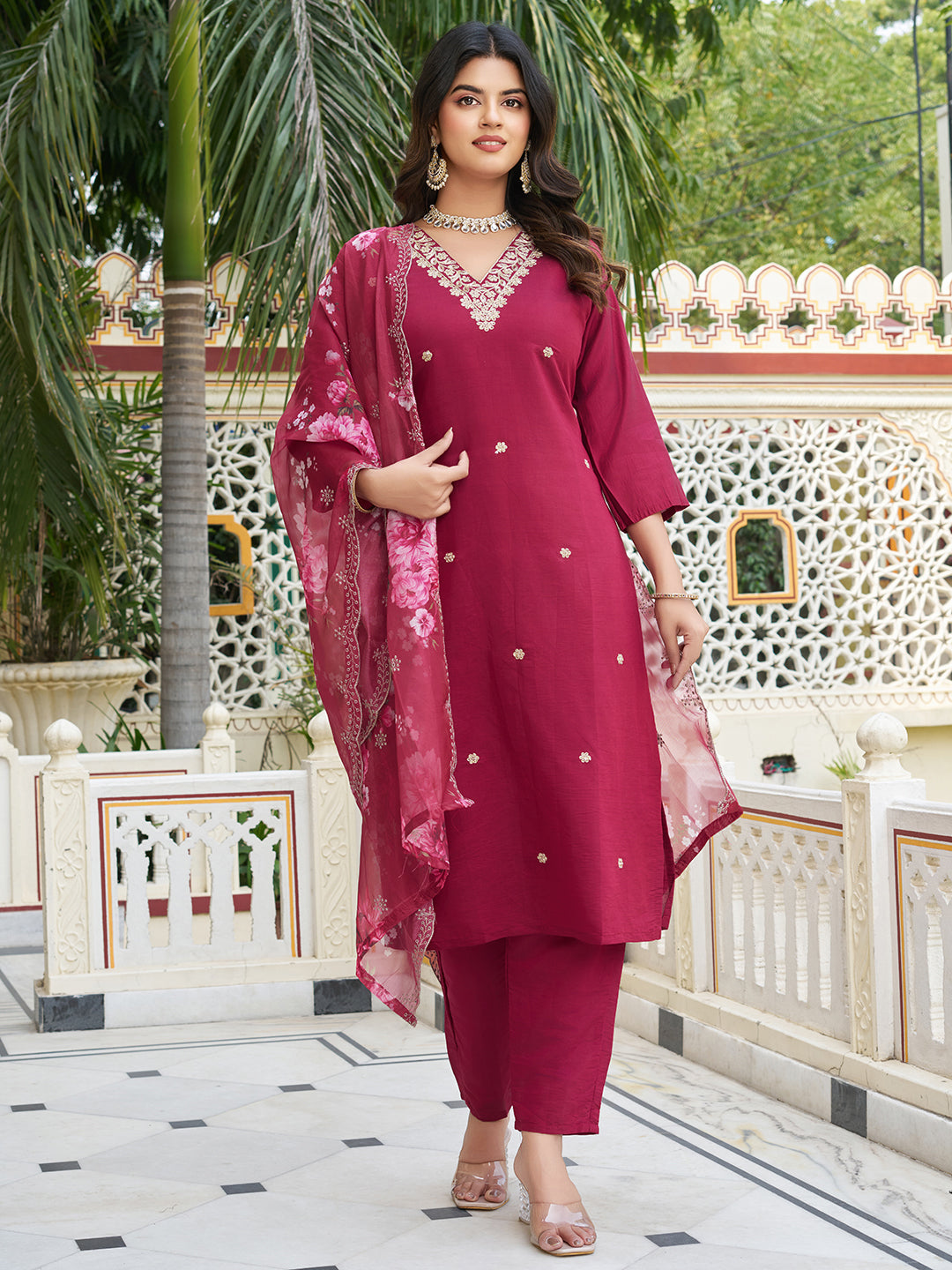 Exuberant Red Beautiful Chanderi Silk Embroidary Suit Set