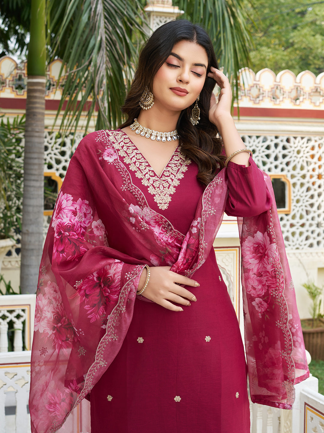 Exuberant Red Beautiful Chanderi Silk Embroidary Suit Set