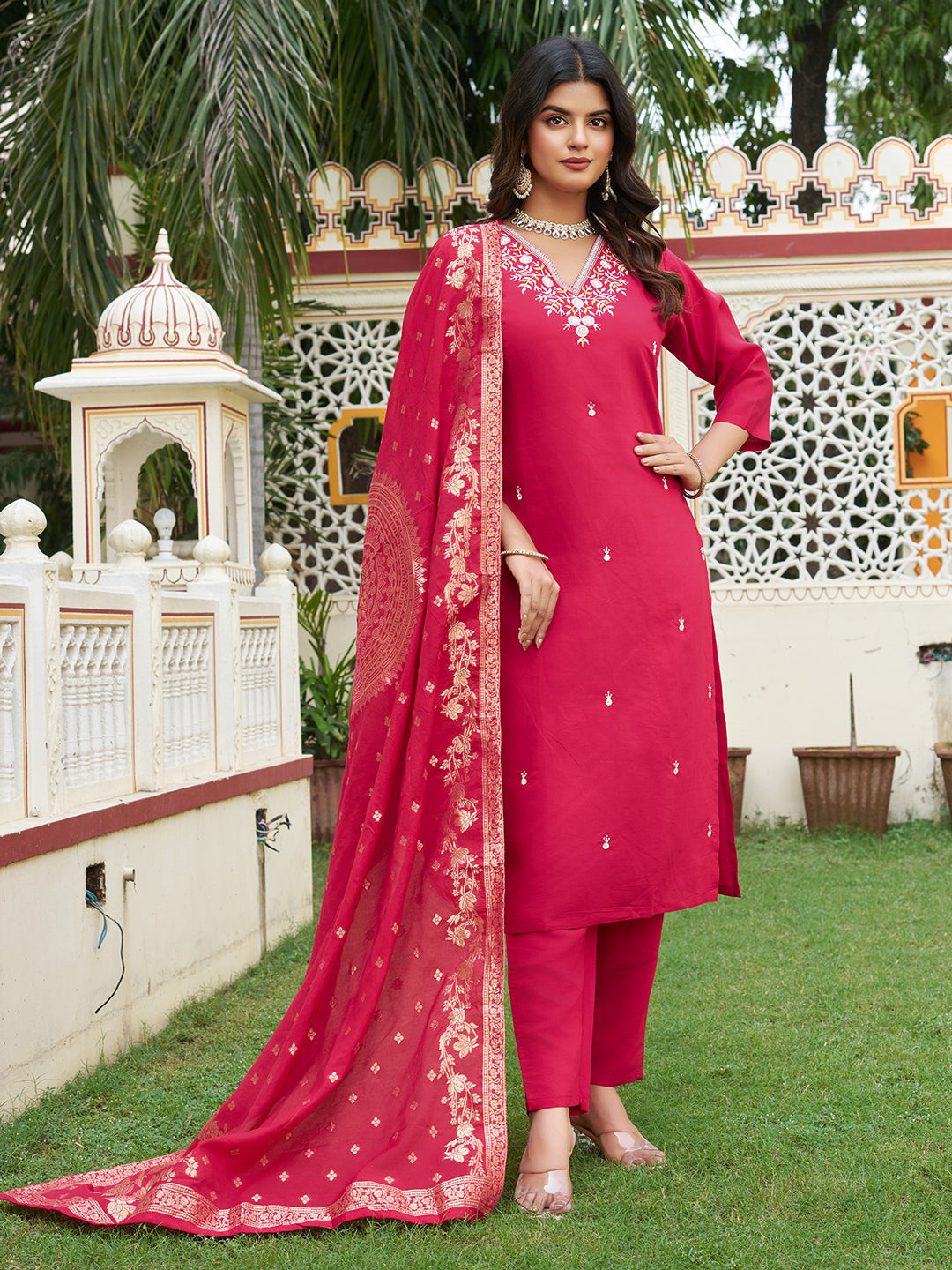 Extraordinary Viscose Chanderi Silk Embroidary Suit Set