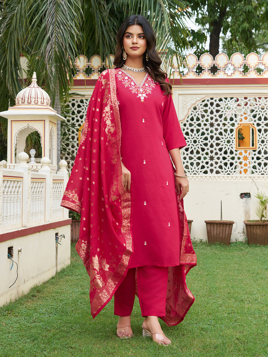 Extraordinary Viscose Chanderi Silk Embroidary Suit Set