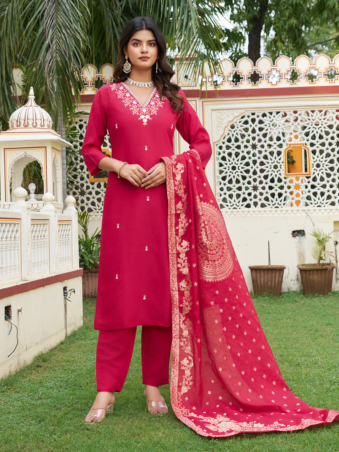 Extraordinary Viscose Chanderi Silk Embroidary Suit Set