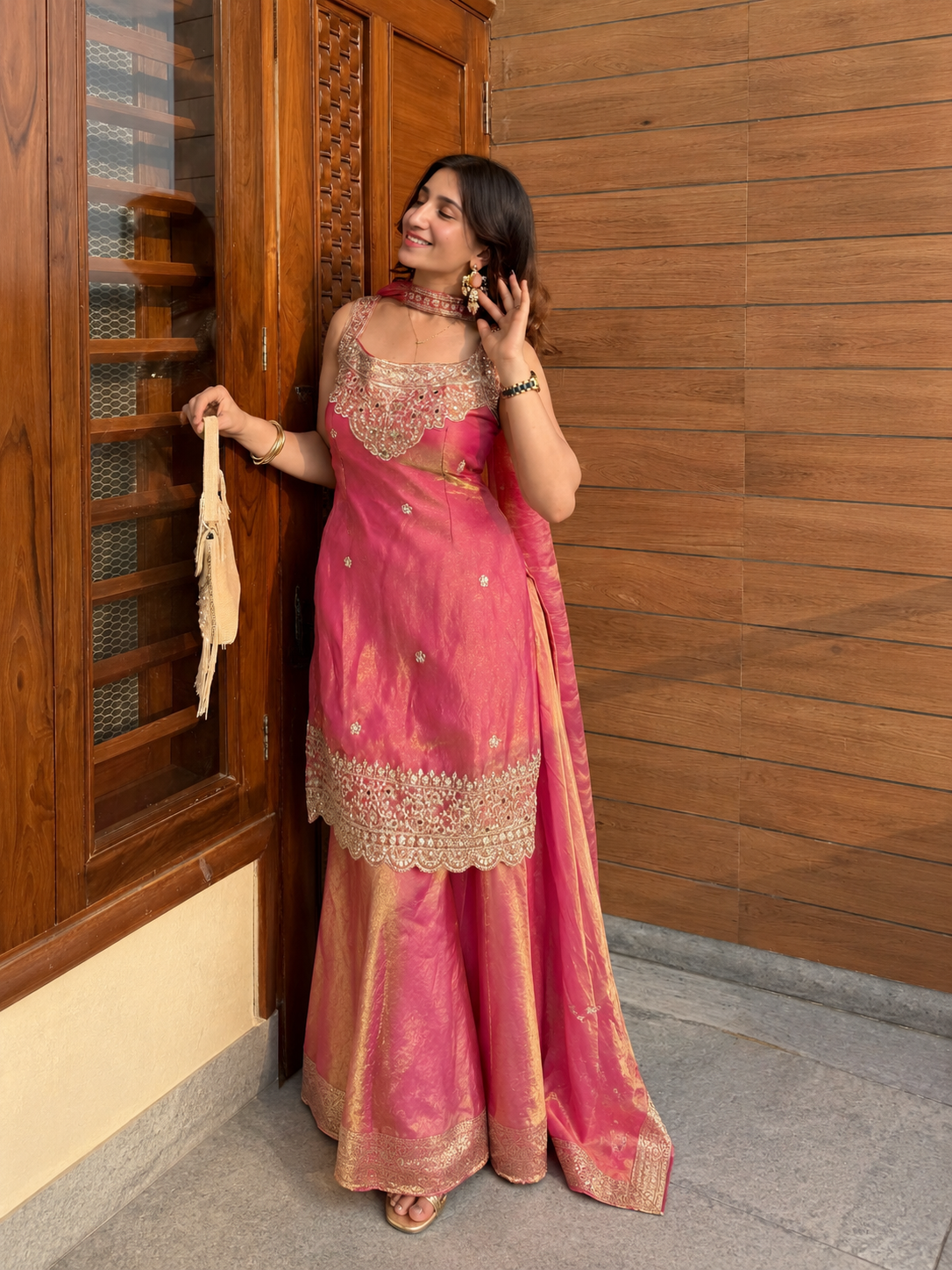 Rani Pink Heavy Embroidered Sleeveless Sharara Set