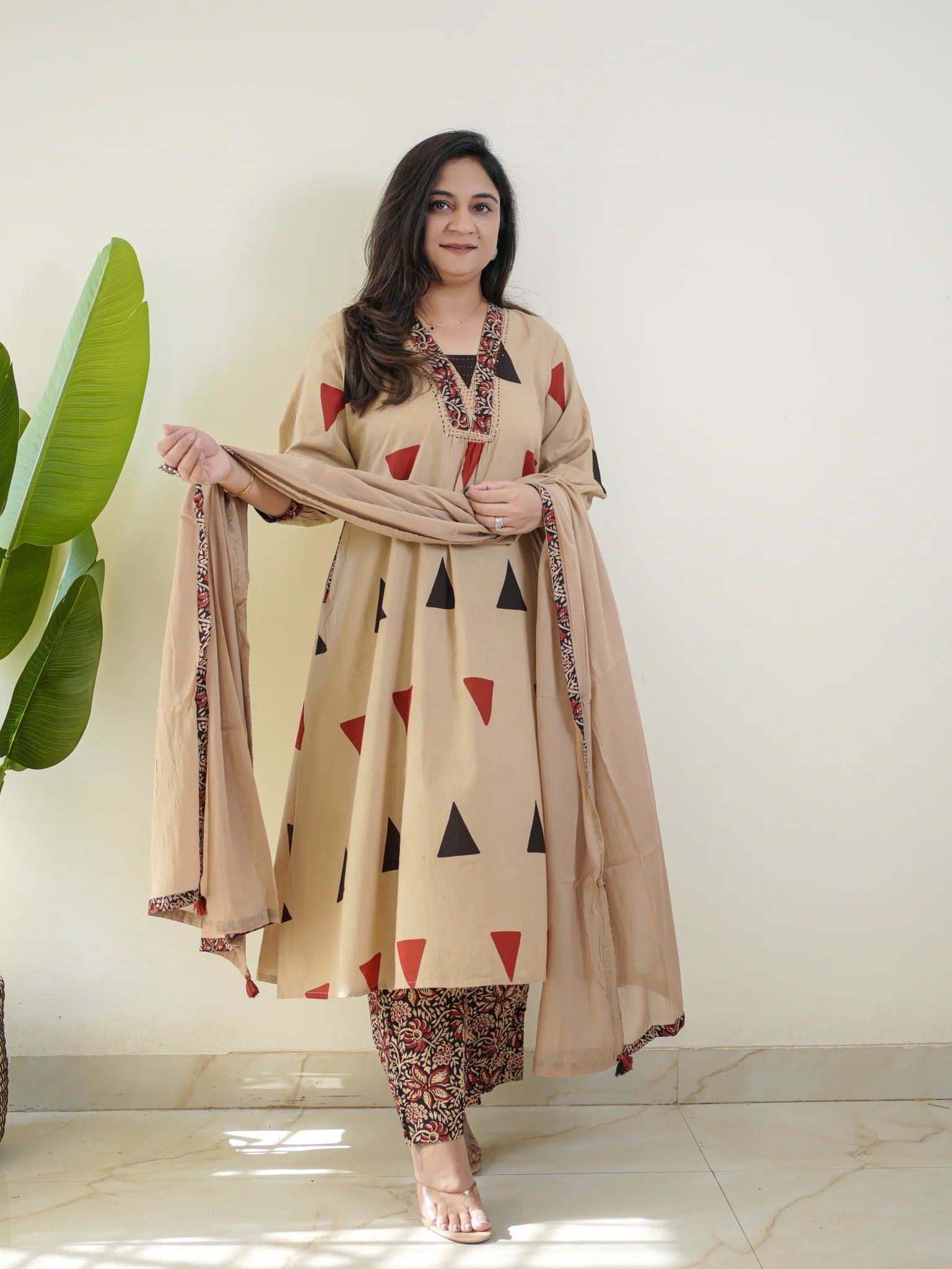 Pure Cotton Kalamkari A-line Plazo Dupatta Set