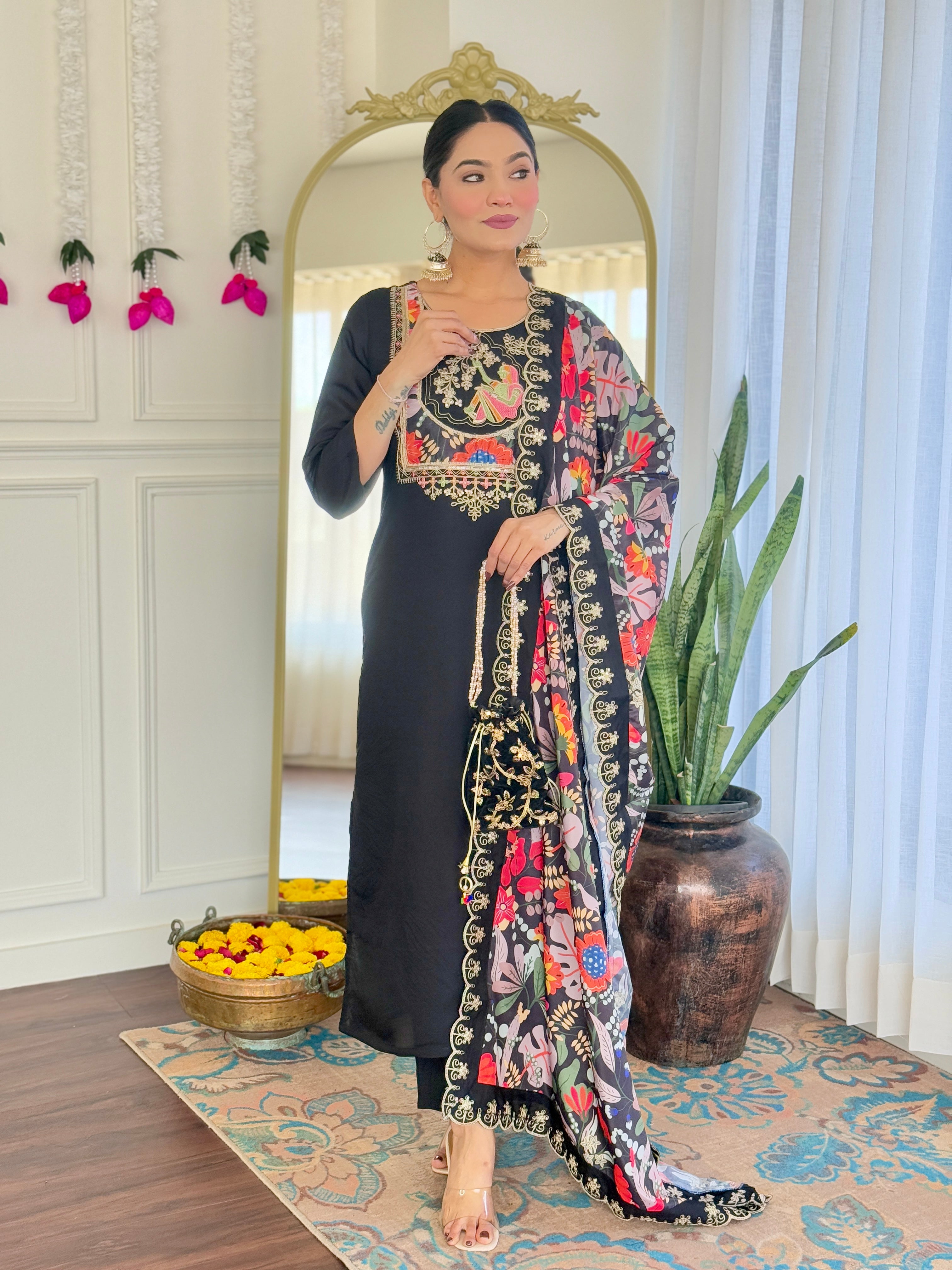 Most Beautiful Trending Black Viscose Chanderi With Embroidary Suit Set
