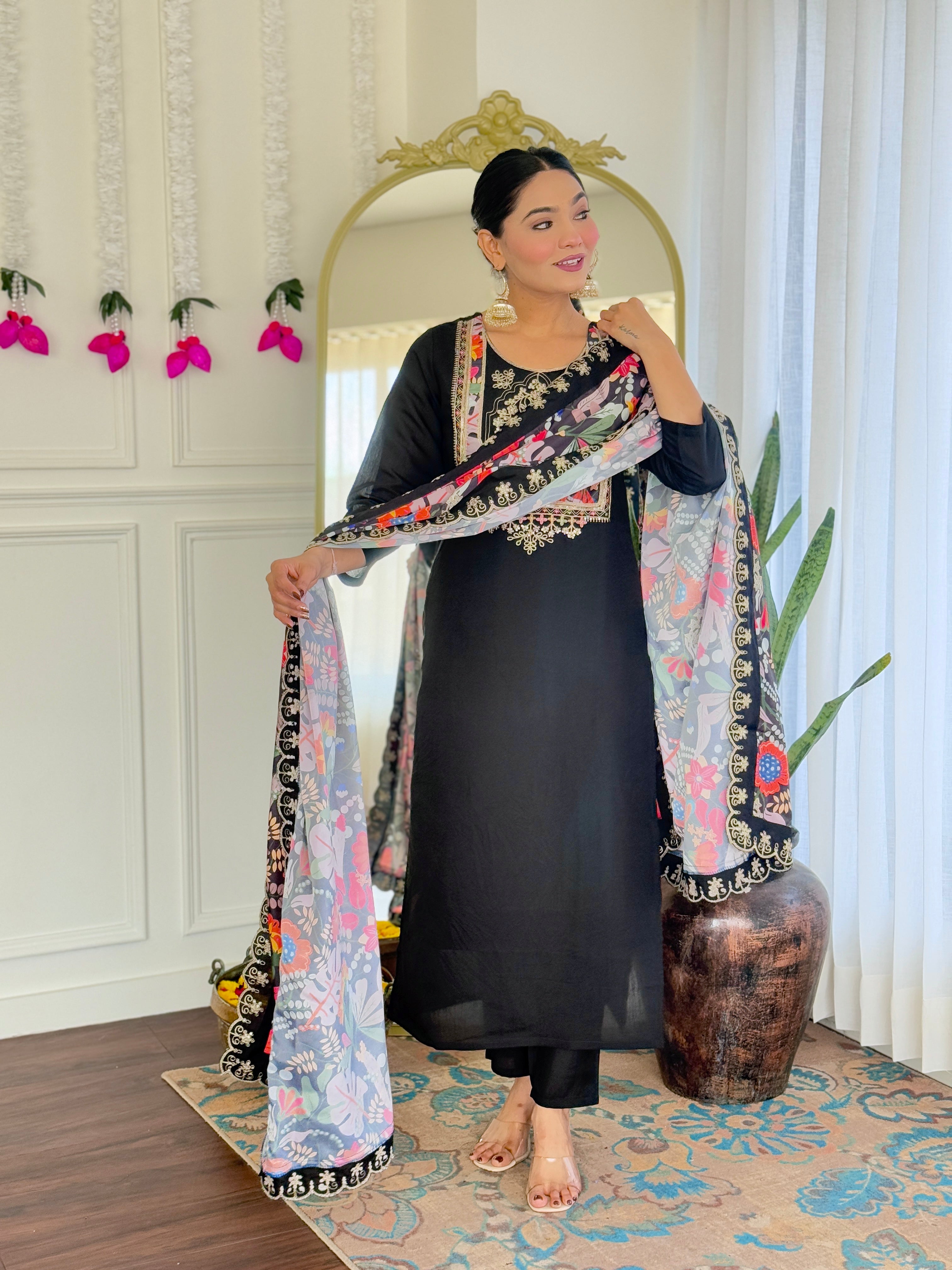 Most Beautiful Trending Black Viscose Chanderi With Embroidary Suit Set