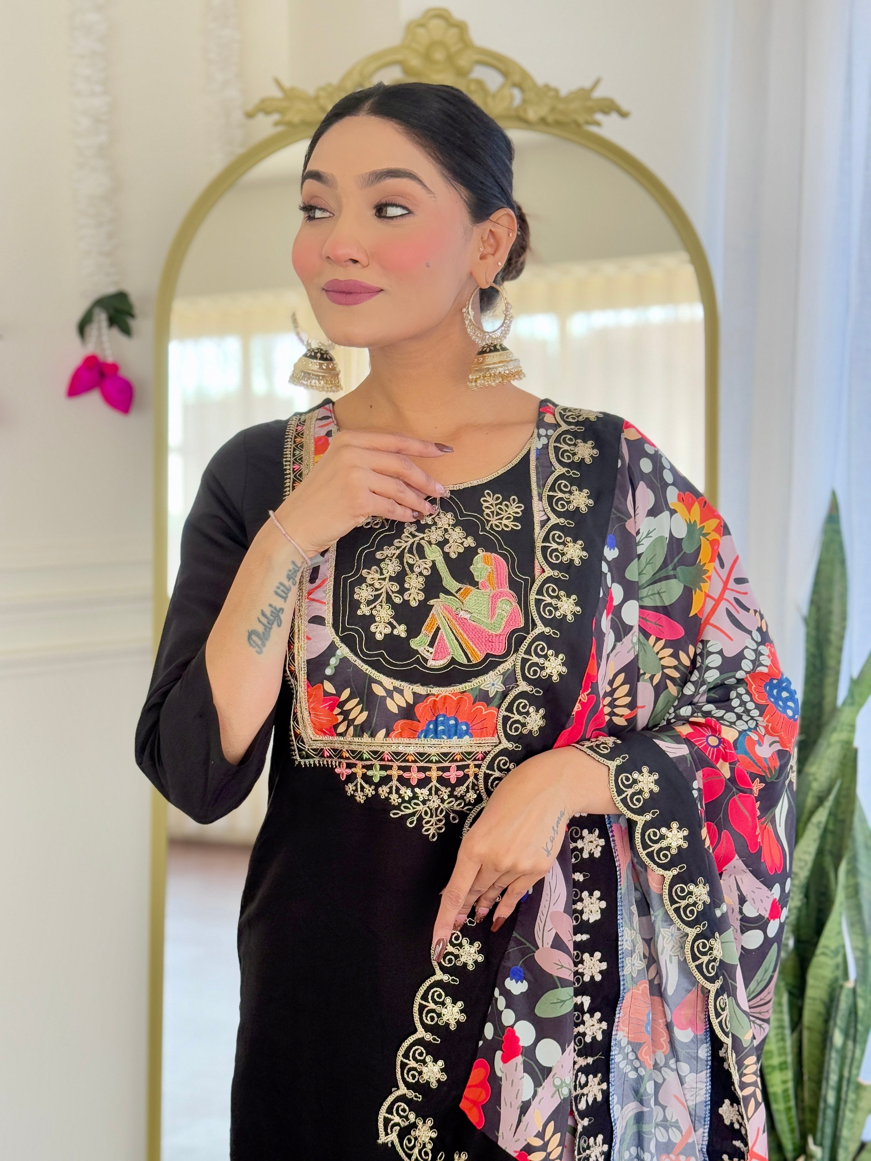 Most Beautiful Trending Black Viscose Chanderi With Embroidary Suit Set