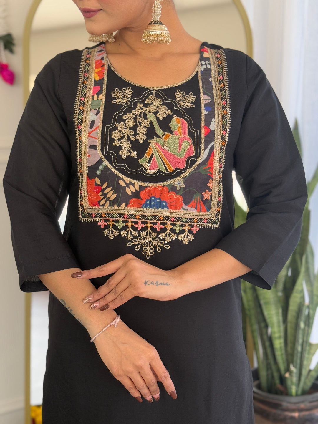 Most Beautiful Trending Black Viscose Chanderi With Embroidary Suit Set