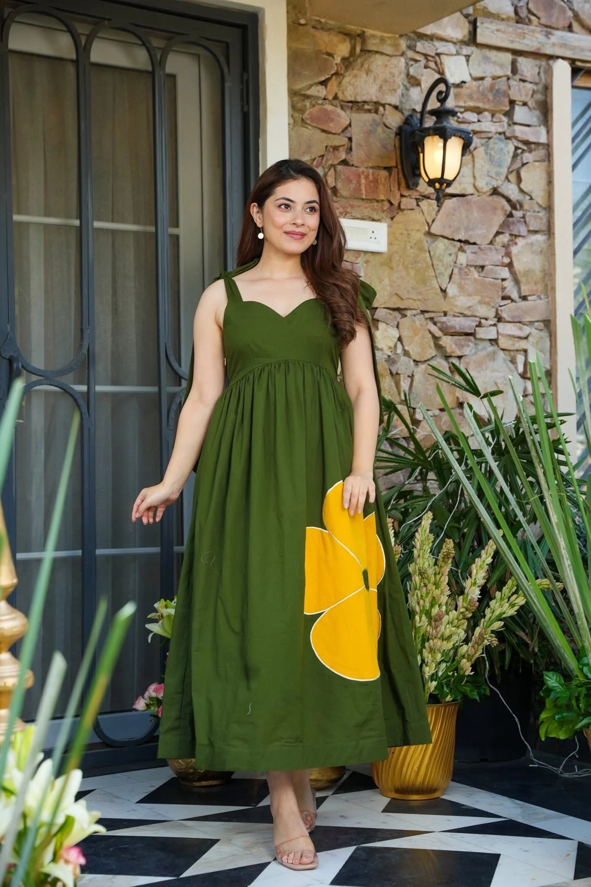 Devika Mehendi Green Bow-Tie Strap Cotton Dress