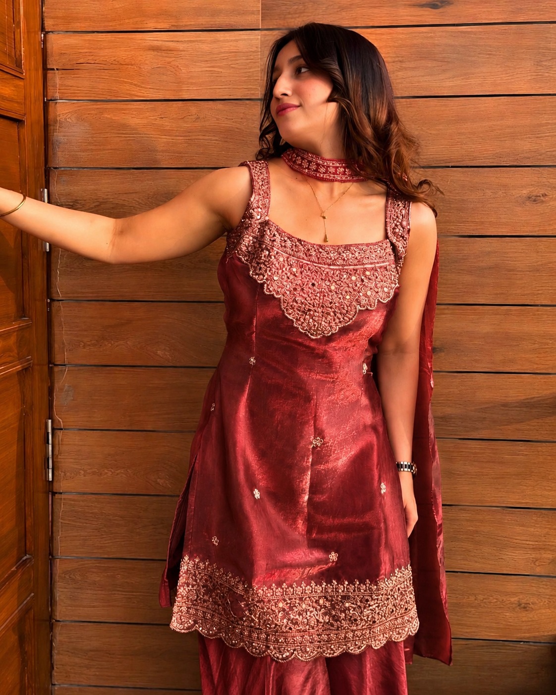 Deep Maroon Heavy Embroidered Sleeveless Sharara Set