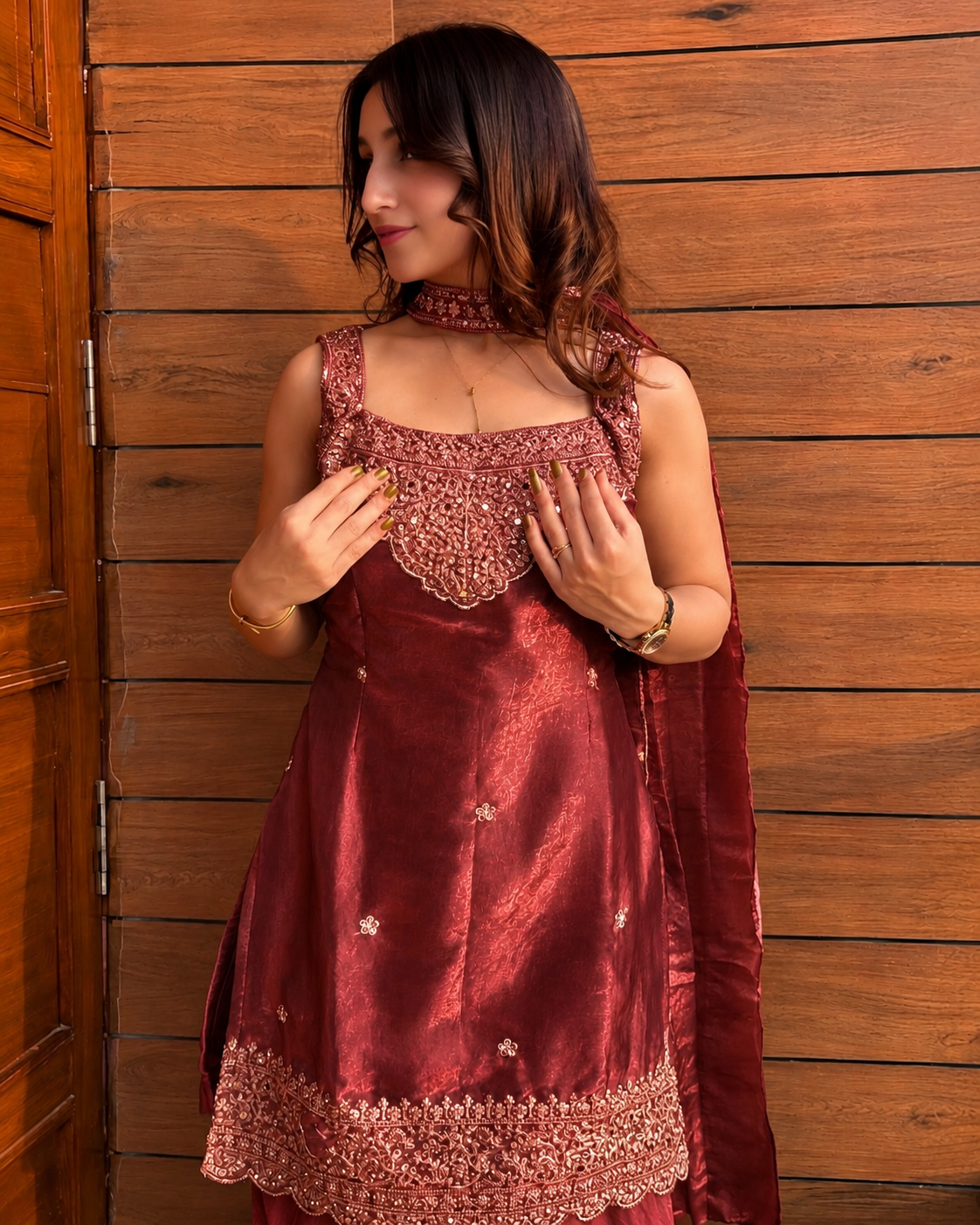 Deep Maroon Heavy Embroidered Sleeveless Sharara Set