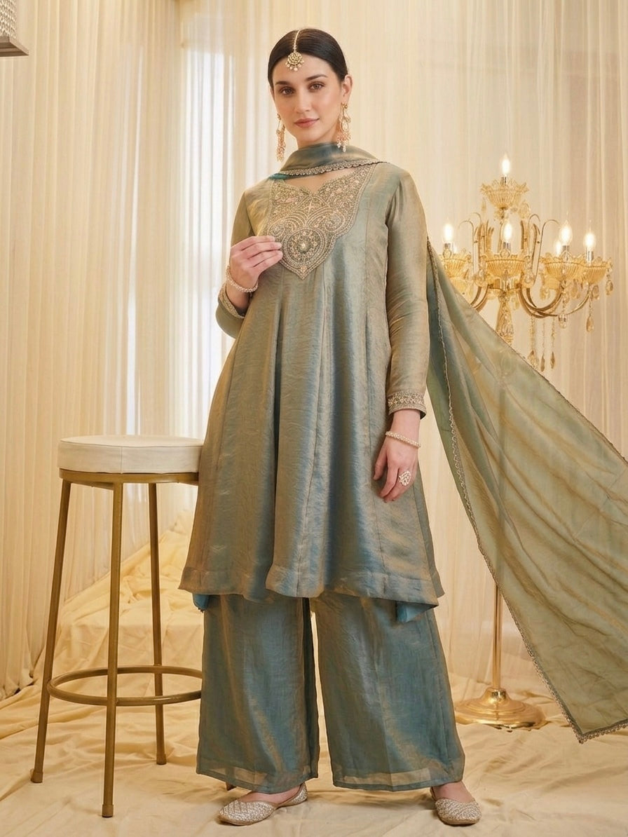 Sage Shimmer Tissue Embroidered Suit Set