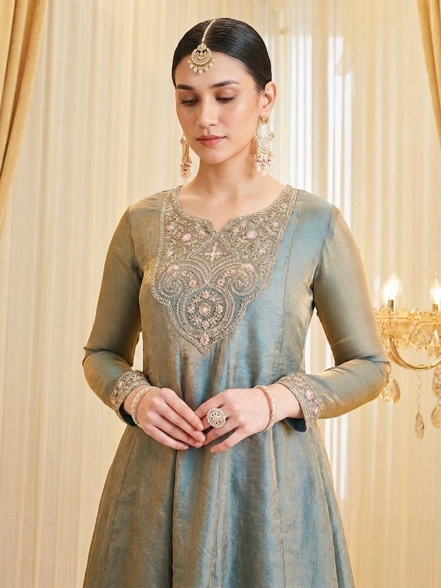 Sage Shimmer Tissue Embroidered Suit Set