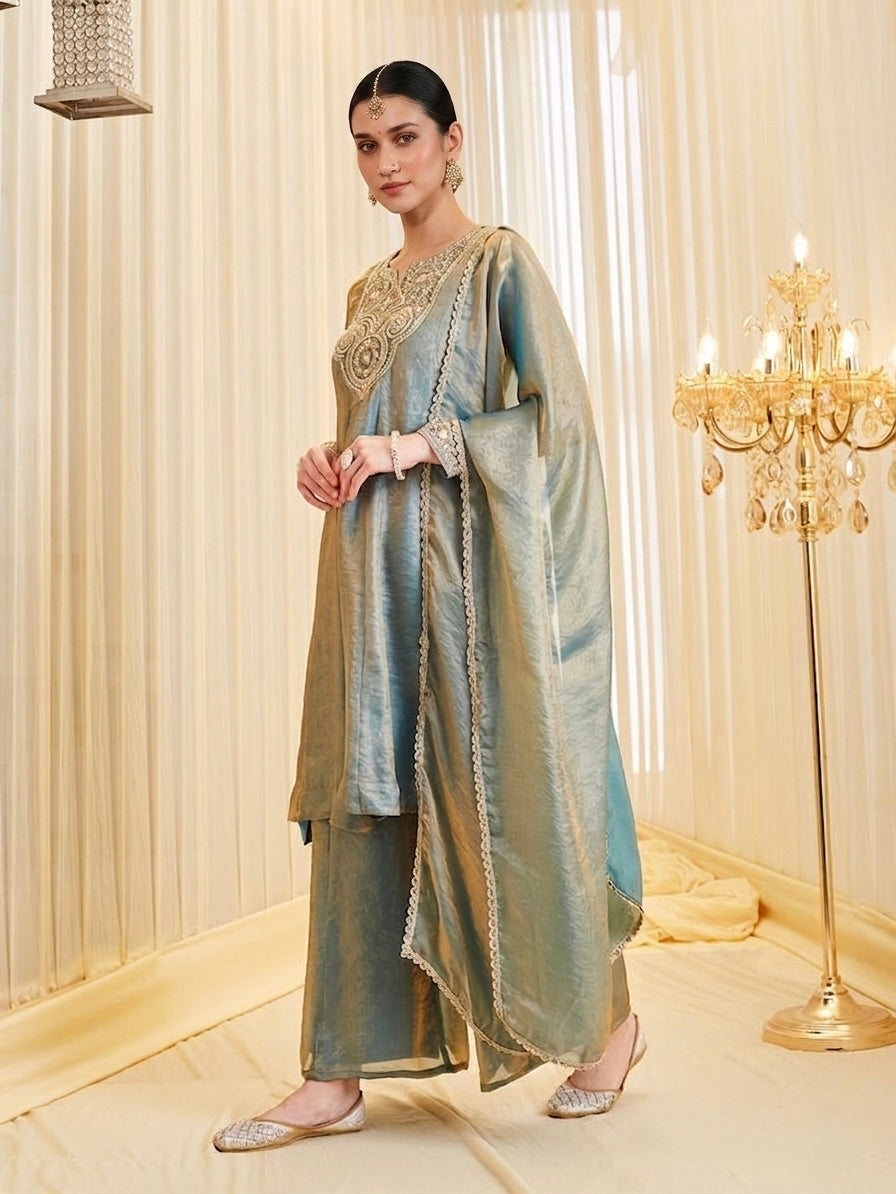 Sage Shimmer Tissue Embroidered Suit Set