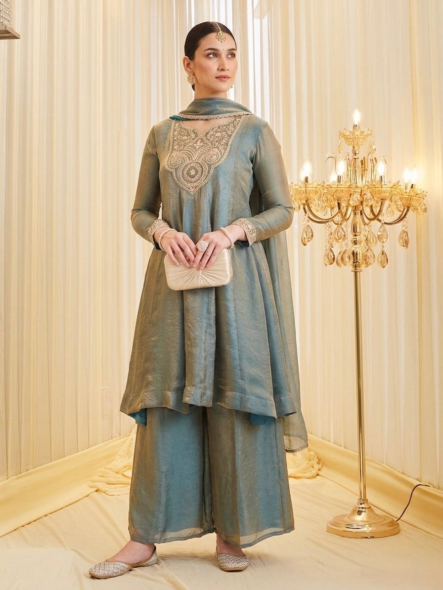 Sage Shimmer Tissue Embroidered Suit Set
