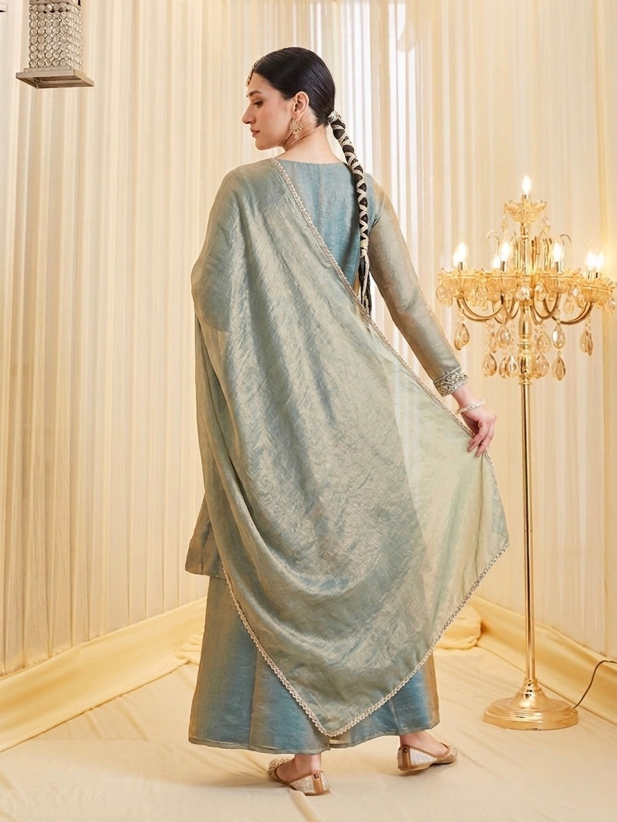 Sage Shimmer Tissue Embroidered Suit Set