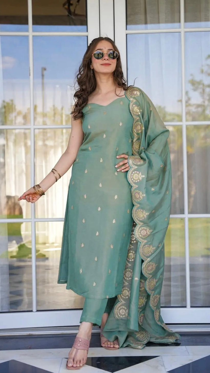 Prisha Sage Green Embroidered Suit Set